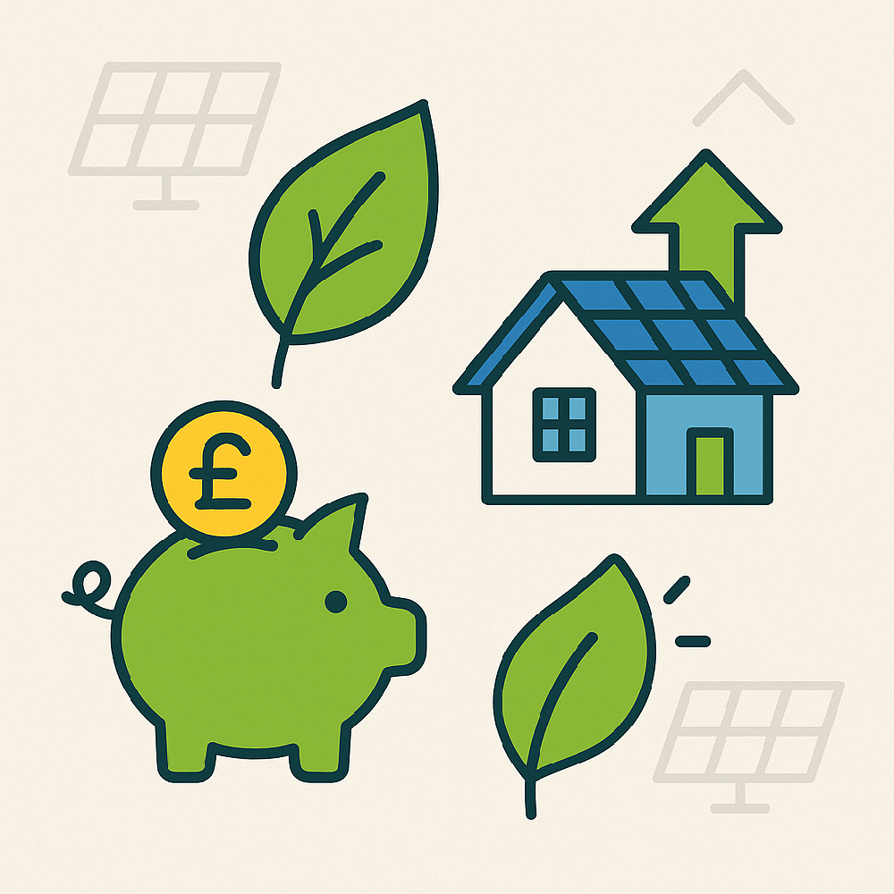  icons representing the benefits of solar energy – a piggy bank for solar savings, a green leaf, a house with an upward arrow for property value.
